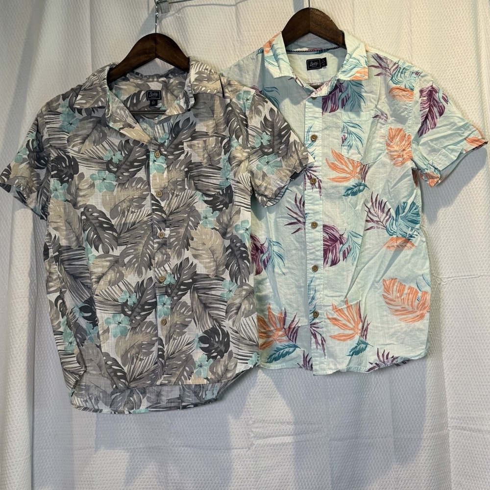 LOT OF 2 Bixby Nomad Blue Tropical Cotton Button-Down Shirt Youth L 12-14 EC